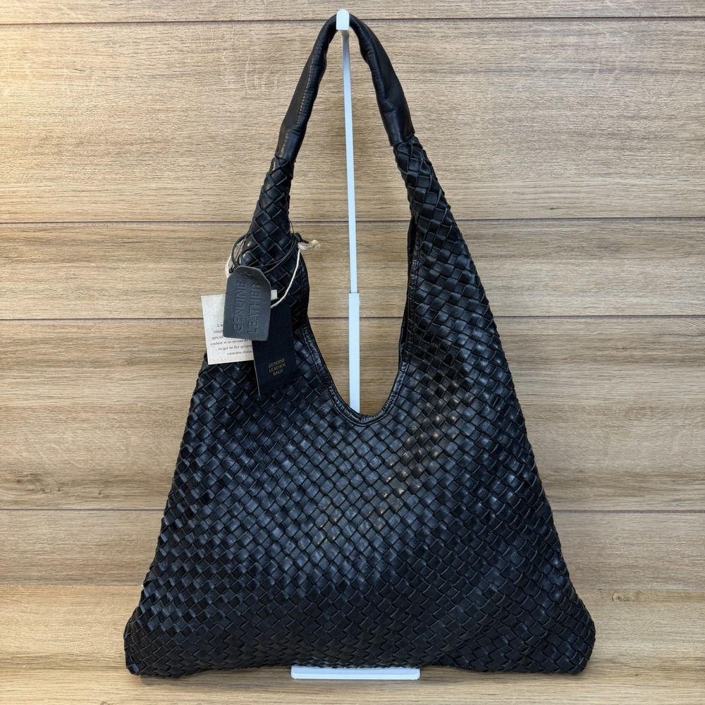India Artisans Handcrafted Woven Black Leather HOBO SHOULDER BAG Vintage Look